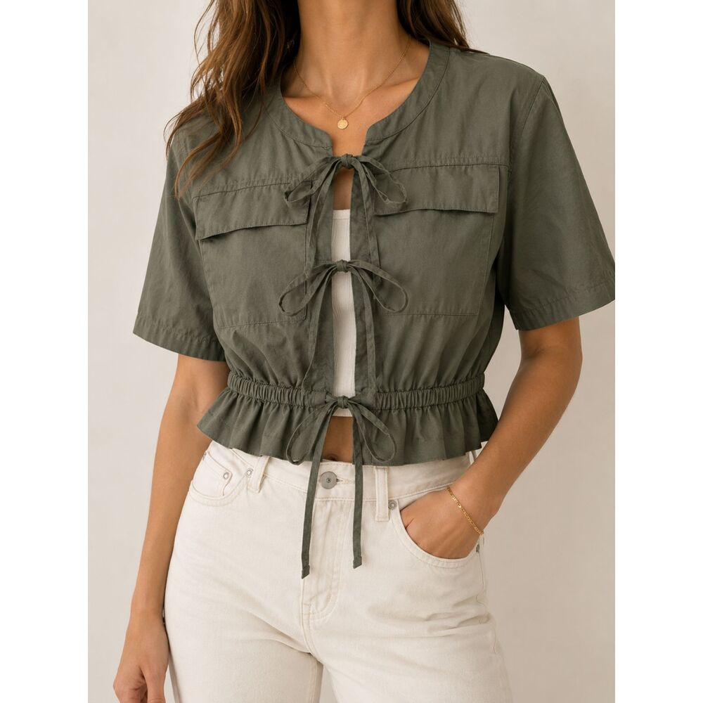 LOFT Olive Green Short Sleeve Tie-Front Peplum Top